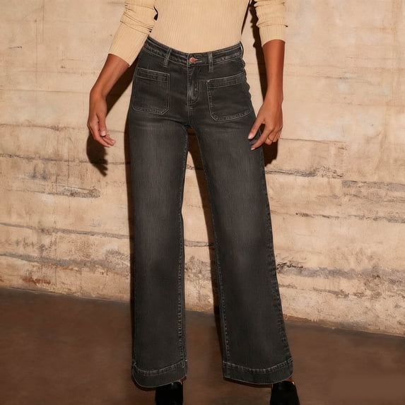 Durable Pocketed Casual Wear Jeans for Women Solid Color High Waisted Wide Leg Pants Straight Leg Jeans Long Pants Women's Fashion Solid Color Street Style Wide Leg Jeans Flared Leg Retro Style