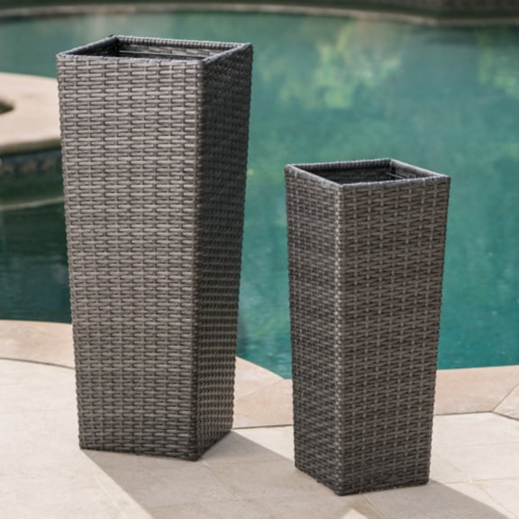 BOFANG Durable Polyethylene Rattan & Iron Flower Pot Set of 2 ,Grey