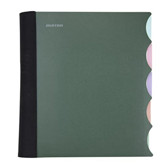 Mintra Durable Premium Spiral Notebook (5 Subject -Green Olive) - Fabric Covered Coils, Adjustable Pocket Folders, 200 Sheets