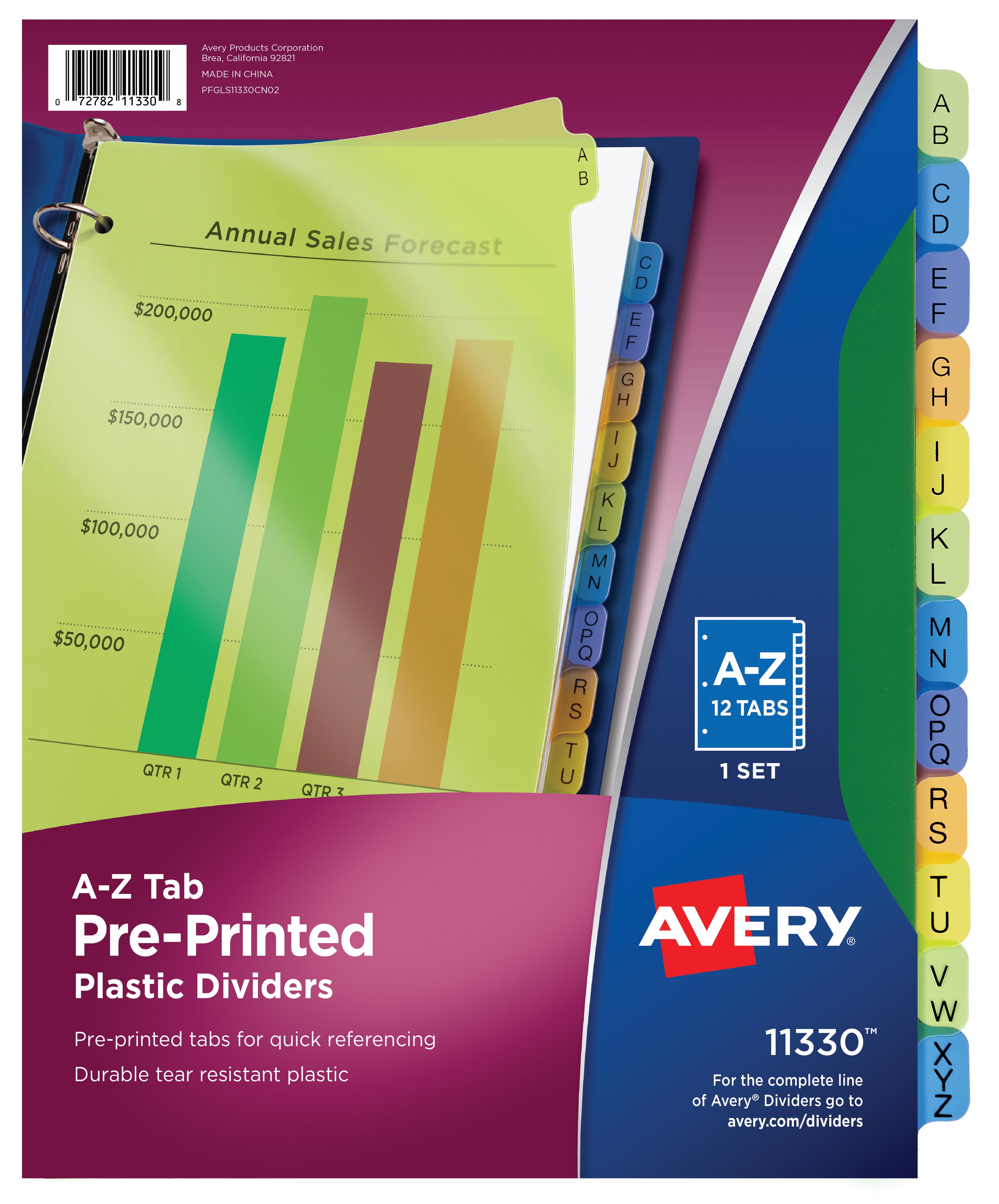 Durable Preprinted Plastic Tab Dividers, 12-Tab, A to Z, 11 x 8.5, Assorted, 1 Set