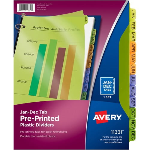 Avery Preprinted Monthly Tabs Plastic Dividers, Jan-Dec, 8.5" Divider Width x 11" Divider Length, 3 Hole Punched (11331) | 2 Sets (24 Total)