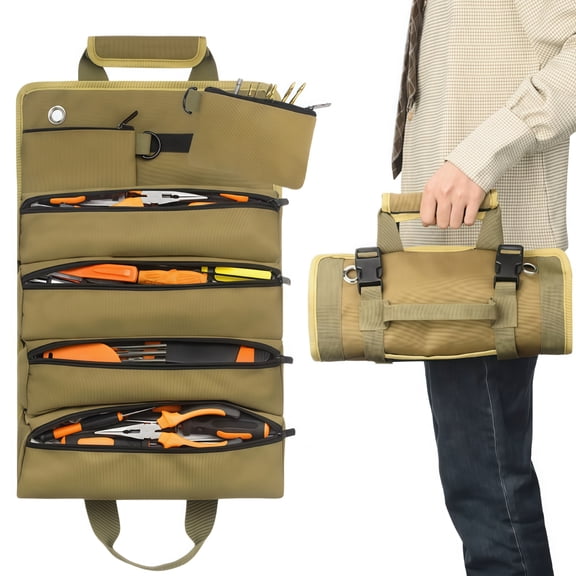 Durable Repair Storage Roll Up Tool Bag With Multiple Compartments Khaki