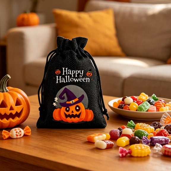 Durable Reusable Linen Drawstring Halloween Candy Bags for Youngster, Portable Multipurpose Goodie Gift Snack Pouches, Lightweight Trick or Treat Tote Bags for Halloween Party Holiday Storage