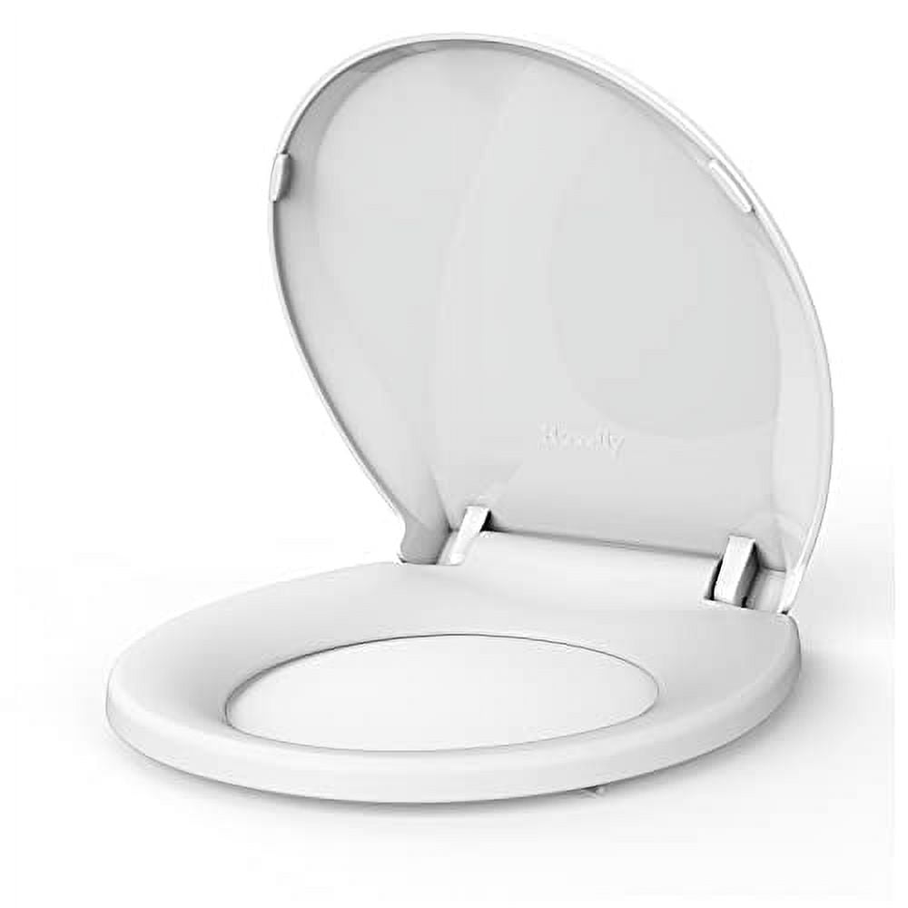 Durable Round Toilet Seat with Slow Soft Close - Easy to Install and Clean, Never Loosens - White, Fits Most Round Toilets