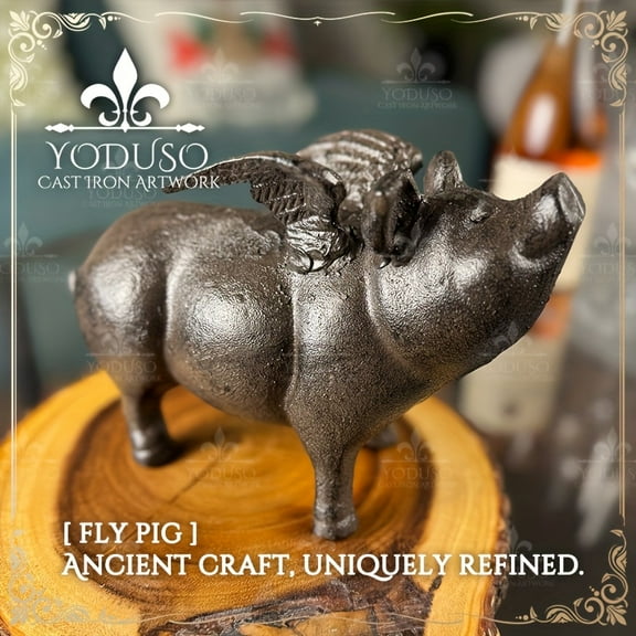 Durable Rustic Brown Cast Iron 'Fly Pig' Garden Statue, 9x4x6 Inches - Weather-Resistant, Detailed Wings and Trotters for Yard or Home Decor