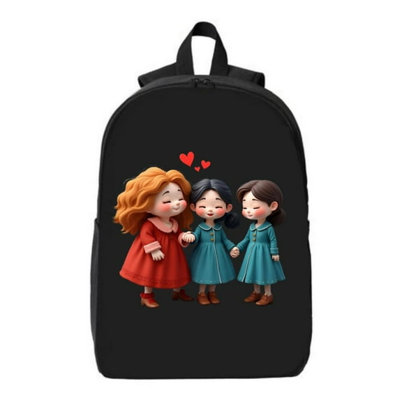 Durable School Backpack with Cartoon Characters Design - Cute Blue & Red Dress Characters Holding Hands with Hearts - Fits 15 " Laptop & iPad - Unisex Travel Backpack for Men & Women