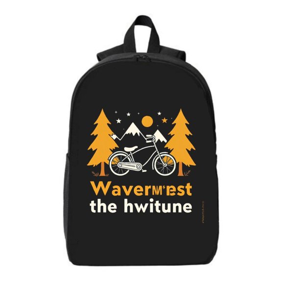 Durable School Travel Backpack for Men & Women - Black with Orange Pine Trees Bicycle Mountain Range & Sun Design - Fits 15 " Laptop & iPad