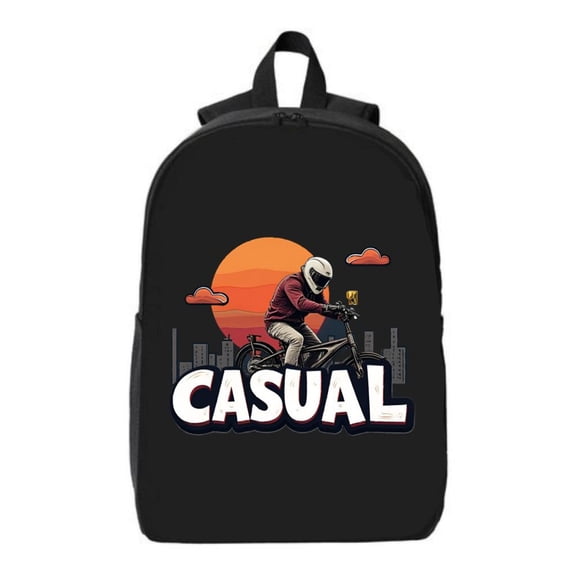 Durable School Travel Backpack for Men & Women - Motorcycle Rider Design with Helmet & Red Jacket City & Orange Sun Fits 15 " Laptop & iPad