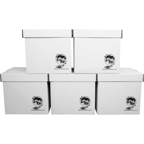 Durable Set of 5 White Vinyl Record Storage Boxes  Heavy-Duty Cardboard with Lift-Off Lid  Holds Up to 90 Records Each  Stackable Modern Rectangular Design