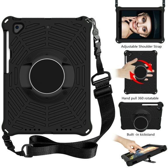 Durable Silicone Case for Apple iPad 9.7-Inch (6th/5th Generation) & iPad Air 2 & iPad Air 9.7-Inch Tablet - Shockproof Protective Stand Cover with Hand Holder /Adjustable Shoulder Strap (Black)