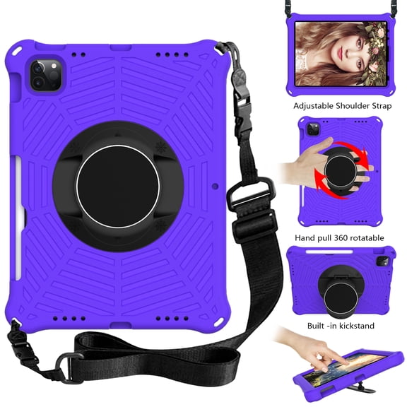 Durable Silicone Case for Apple iPad Air 10.9" (4th Generation) and iPad Pro 11-Inch Tablet - Drop Proof Shockproof Protective Stand Cover with Hand Holder / Adjustable Shoulder Strap (Purple)
