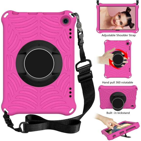 Durable Silicone Case for Kindle Fire HD 8 & Fire HD 8 Plus Tablet (8", 10th Generation, 2020 Release) - Shockproof Protective Stand Cover with Hand Holder / Adjustable Shoulder Strap (Rose)