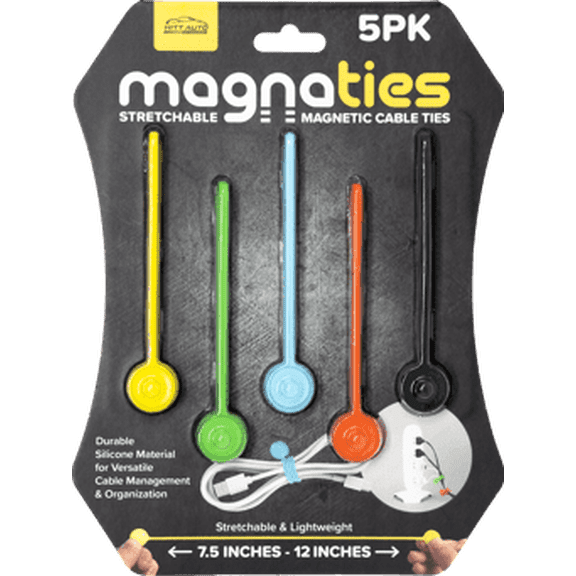 Durable Silicone Magnetic Cable Ties - 5 Pack, 7.5-12 Inch Stretchable, Reusable Cord Organizers, Strong Magnetic Clips for Earbuds, USB Cables, Keys, and More (Assorted Colors)
