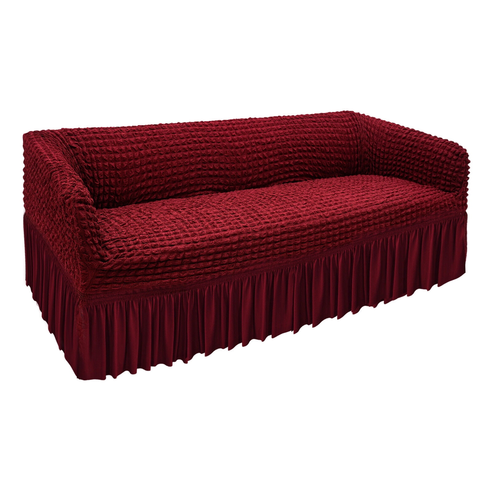 Durable Sofa Couch Cover with Skirt, High Elastic Sofa Slipcover, Stretch Slipcover Universal High Elastic Furniture Protector (Wine Red)