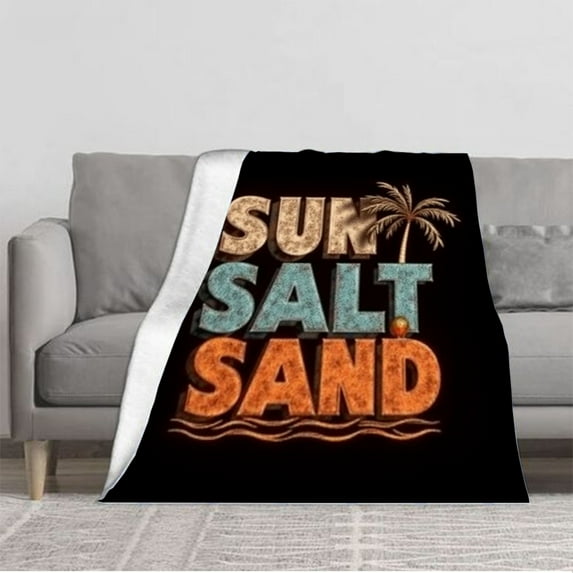 Durable Soft Flannel Blanket - Cozy Beach Scene Design with ' SUN SALT SAND ' in Beige Blue and Orange - Perfect for Sofa Travel and Bed