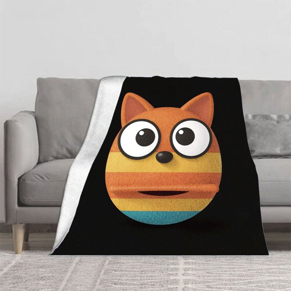 Durable Soft Flannel Blanket - Cozy Cartoon Fox Design Vibrant Stripes in Orange Yellow & Blue - Perfect for Sofa Travel & Bed