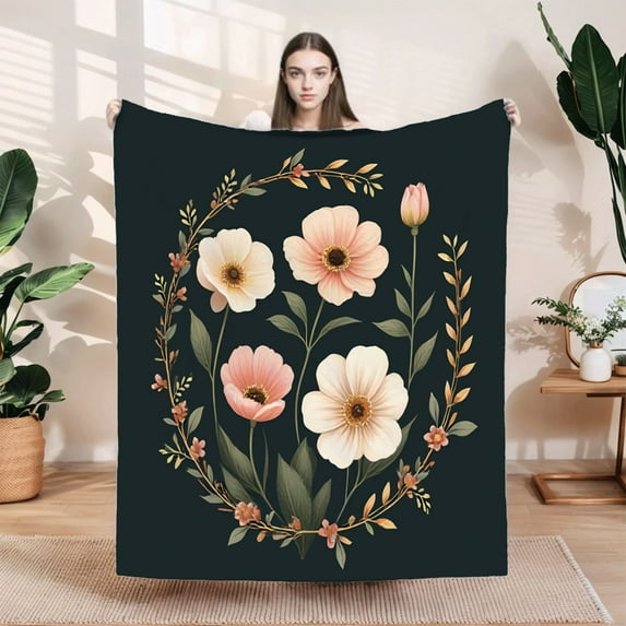 Durable Soft Flannel Blanket - Cozy Floral Design with Pastel Colors Perfect for Sofa Travel Bed and Chair - Warm & Elegant