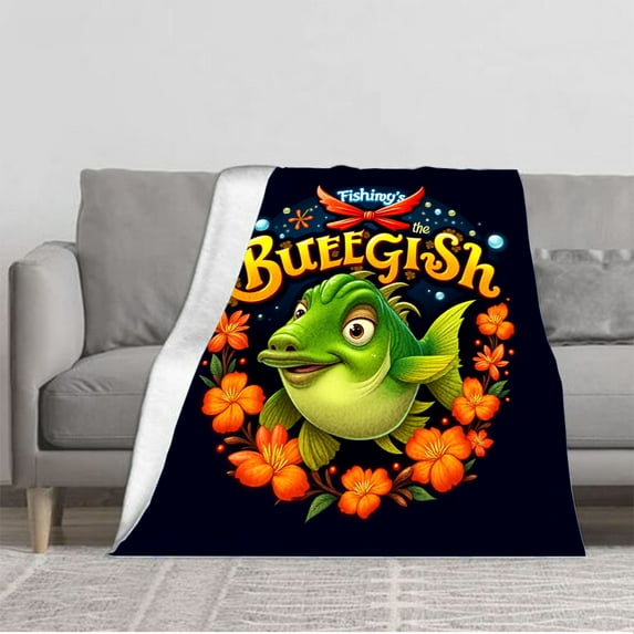 Durable Soft Flannel Blanket - Cozy Floral Design with Vibrant Green Fish & Orange Flowers Perfect for Sofa Travel Bed & Chair