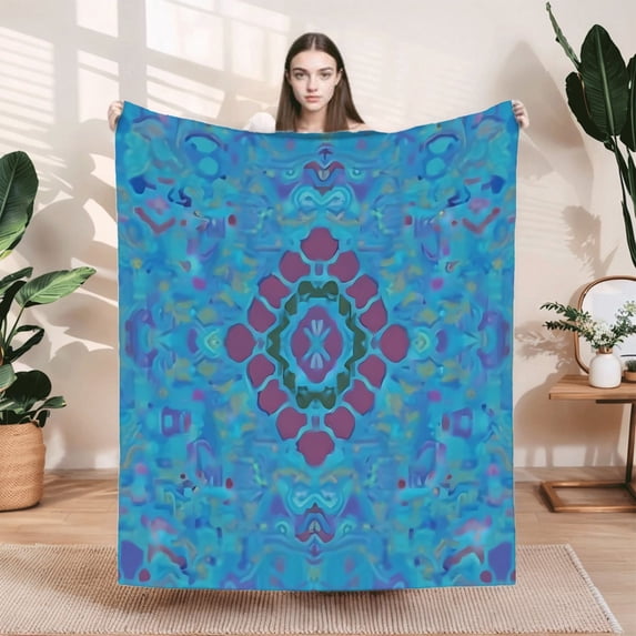 Durable Soft Flannel Blanket - Cozy Kaleidoscopic Design in Pink Green Purple & Blue for Sofa Travel Bed & Chair