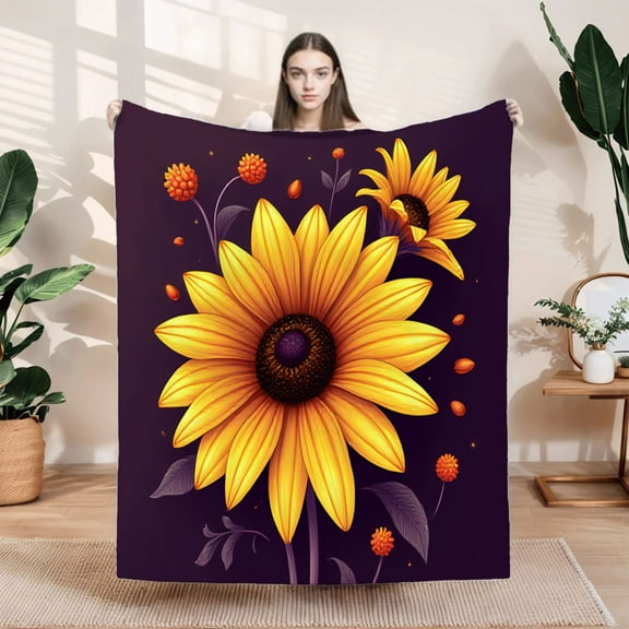 Durable Soft Flannel Blanket - Cozy Sunflower Design for Sofa Travel Bed & Chair - Warm & Inviting Floral Pattern