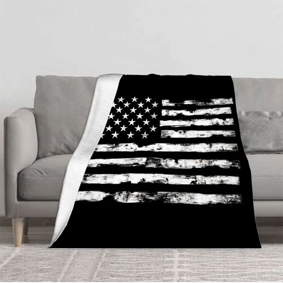 Durable Soft Flannel Blanket - Cozy Vintage American Flag Design Weathered Texture Perfect for Sofa Travel Bed and Chair