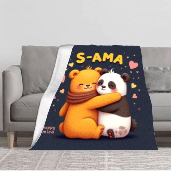Durable Soft Flannel Blanket with Adorable Orange Bear & Panda Design Cozy for Sofa Travel Bed Chair - Perfect for Warmth & Comfort
