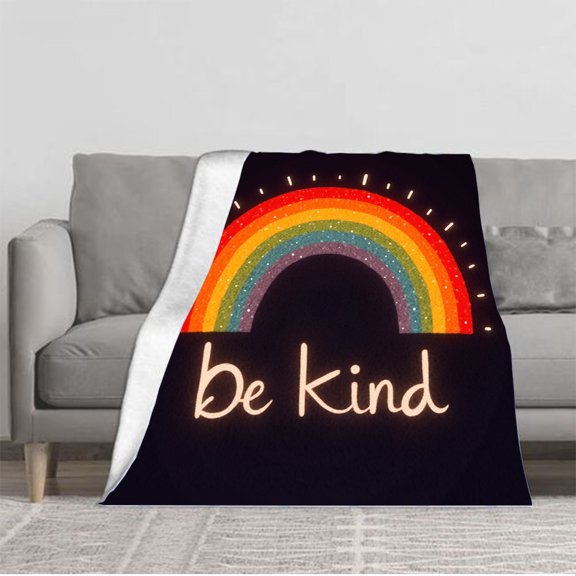 Durable Soft & Warm Flannel Blanket - Cheerful Rainbow Design with ' Be Kind ' Message Cozy for Sofa Travel Bed & Chair