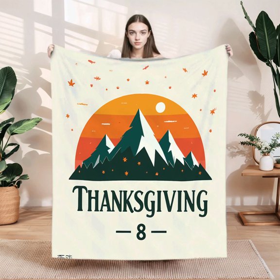 Durable Soft & Warm Flannel Blanket - Cozy Autumn Design with Snow - Capped Mountains Orange Sky & Leaves - Perfect for Sofa Travel & Bed