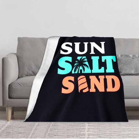 Durable Soft & Warm Flannel Blanket - Cozy Beach-Themed Design with ' SUN ' ' SAL ' ' SAND ' & Palm Tree Silhouette for Sofa & Travel