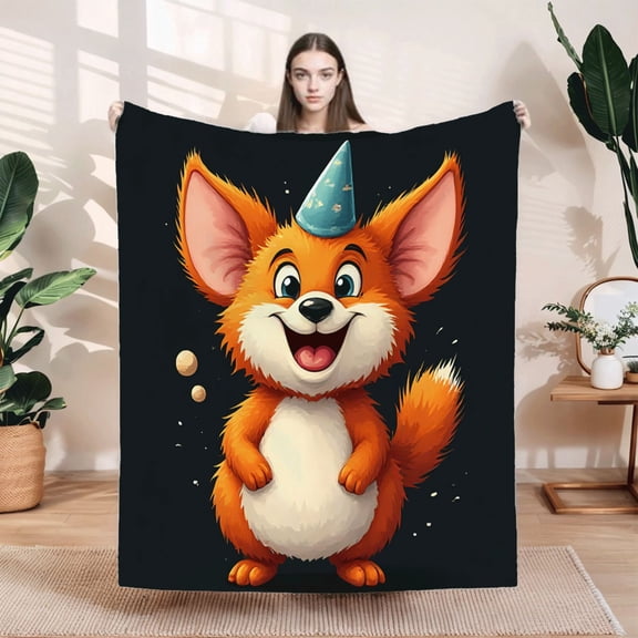 Durable Soft & Warm Flannel Blanket - Cozy Cartoon Fox Design with Blue Polka Dot Party Hat Perfect for Sofa Travel Bed & Chair