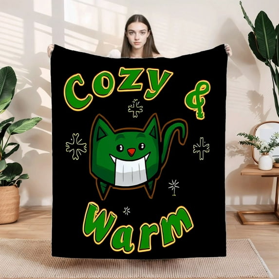 Durable Soft & Warm Flannel Blanket - Cozy Cartoon Green Cat Design with Stars & Musical Notes Perfect for Sofa Travel Bed & Chair