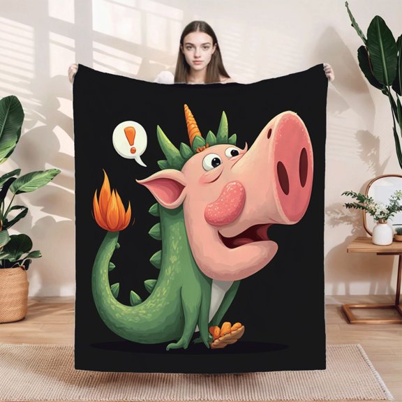 Durable Soft & Warm Flannel Blanket - Cozy Cartoon Pig - Dragon Design for Sofa Travel Bed Chair - Perfect for All Ages