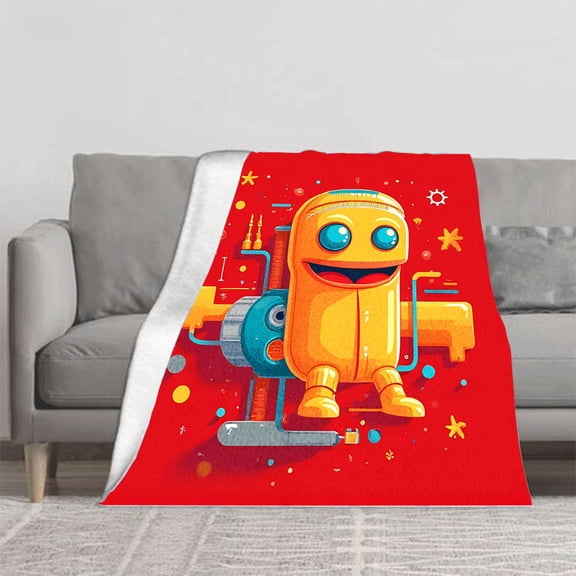Durable Soft & Warm Flannel Blanket - Cozy Cartoon Robot Design Perfect for Sofa Travel Bed & Chair - Vibrant Colors & Cheerful Style