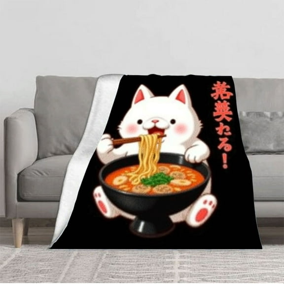 Durable Soft & Warm Flannel Blanket - Cozy Cat Design with Ramen Theme Perfect for Sofa Travel Bed and Chair - Ideal for Cat Lovers