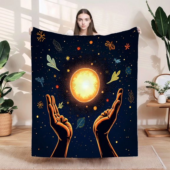 Durable Soft & Warm Flannel Blanket - Cozy Celestial Design with Radiant Sun Stars & Nature Elements for Sofa Travel & Bed