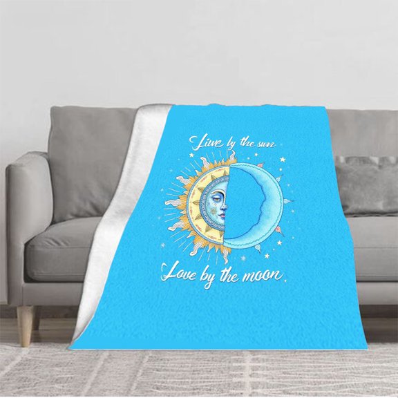 Durable Soft & Warm Flannel Blanket - Cozy Celestial Design with Sun & Moon Perfect for Sofa Travel Bed & Chair
