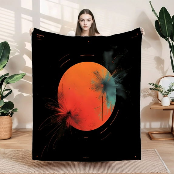 Durable Soft & Warm Flannel Blanket - Cozy Celestial Design with Vibrant Orange Perfect for Sofa Travel Bed & Chair
