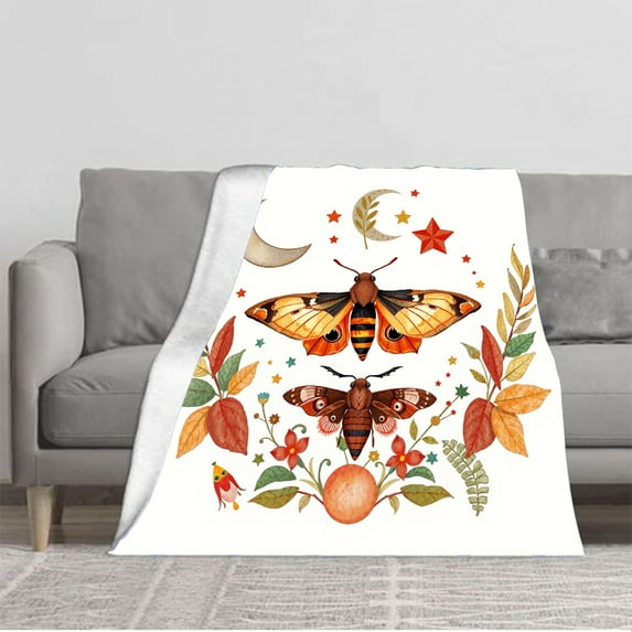 Durable Soft & Warm Flannel Blanket - Cozy Design with Celestial Moths Autumn Leaves & Night Sky - Perfect for Sofa Travel & Bed