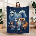thumbnail image 1 of Durable Soft & Warm Flannel Blanket - Cozy Design with Whimsical Dogs & Wolf on Dark Blue Background Perfect for Sofa Travel & Bed, 1 of 7