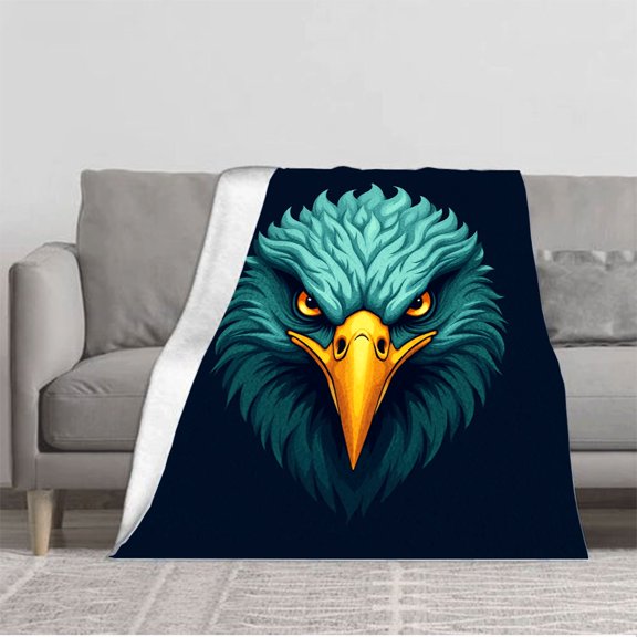 Durable Soft & Warm Flannel Blanket - Cozy Eagle Head Design Vibrant Teal & Orange Perfect for Sofa Travel Bed & Chair
