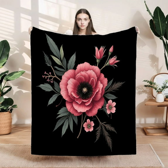 Durable Soft & Warm Flannel Blanket - Cozy Floral Design for Sofa Travel Bed & Chair - Elegant Pink Flower Pattern on Black Background