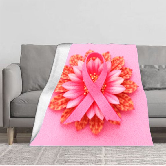 Durable Soft & Warm Flannel Blanket - Cozy Floral Design with Pink Ribbon & Vibrant Orange - Yellow Petals for Sofa Travel Bed Chair