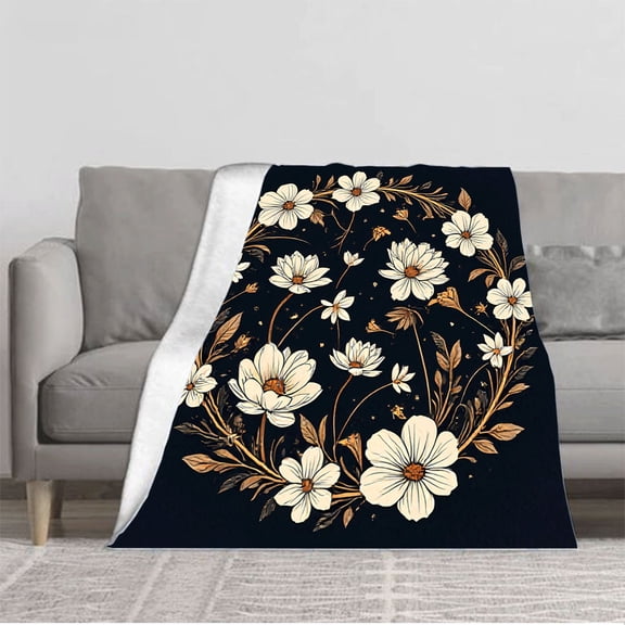 Durable Soft & Warm Flannel Blanket - Cozy Floral Design with White Flowers & Golden - Brown Accents for Sofa Travel Bed Chair