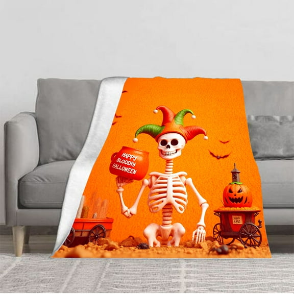 Durable Soft & Warm Flannel Blanket - Cozy Halloween Design with Colorful Jester Hat Skeleton Perfect for Sofa Travel Bed & Chair