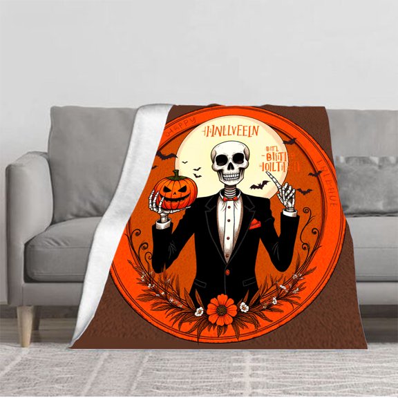 Durable Soft & Warm Flannel Blanket - Cozy Halloween Design with Skeletons Pumpkins & Bats - Perfect for Sofa Travel Bed & Chair
