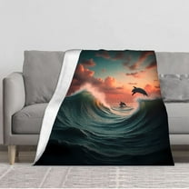 Durable Soft & Warm Flannel Blanket - Cozy Ocean Sunset Design with Dolphins Perfect for Sofa Travel Bed & Chair