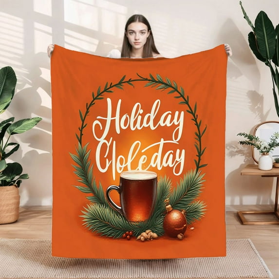 Durable Soft & Warm Flannel Blanket - Cozy Pine Wreath Design for Sofa Travel Bed & Chair - Perfect Holiday Comfort