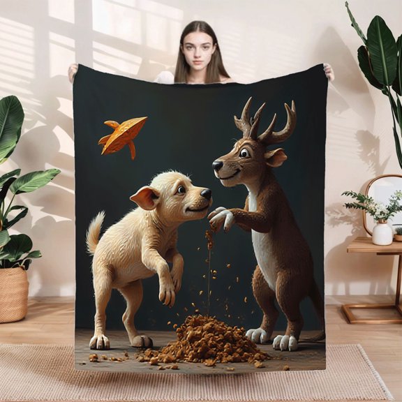 Durable Soft & Warm Flannel Blanket - Cozy Puppy & Deer Pattern Design Perfect for Sofa Travel Bed or Chair - Ideal for All Seasons