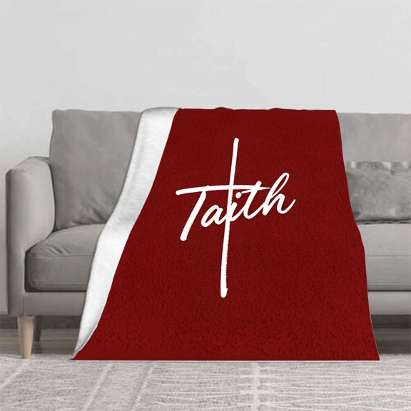 Durable Soft & Warm Flannel Blanket - Cozy Red Background with White Cross & ' Faith ' Script - Perfect for Sofa Travel Bed Chair