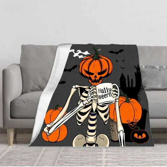 Durable Soft & Warm Flannel Blanket - Cozy Skeleton & Halloween Design for Sofa Travel Bed Chair - Perfect for Fall Festivities